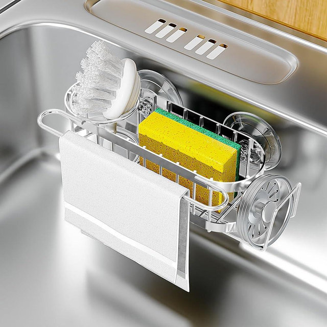 Cisily Kitchen Sink Caddy Sponge Holder in The Sink, Stainless Steel Kitchen Sink Organizer, Brush Holder, Dish Cloth Hanger, Sink Stopper Holder with 2 Installation Ways (Suction & Adhesives