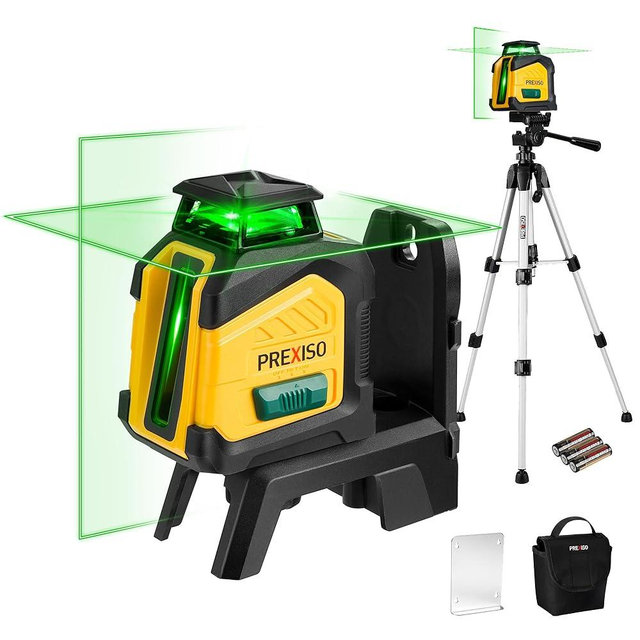 PREXISO 360° Laser Level with Tripod, 100Ft Dual Power Self Leveling Cross Line Laser- Wide Angle Vertical Line for Construction, Floor Tile, Renovation with Magnetic Base, Wall Panel Stand, Carry Bag