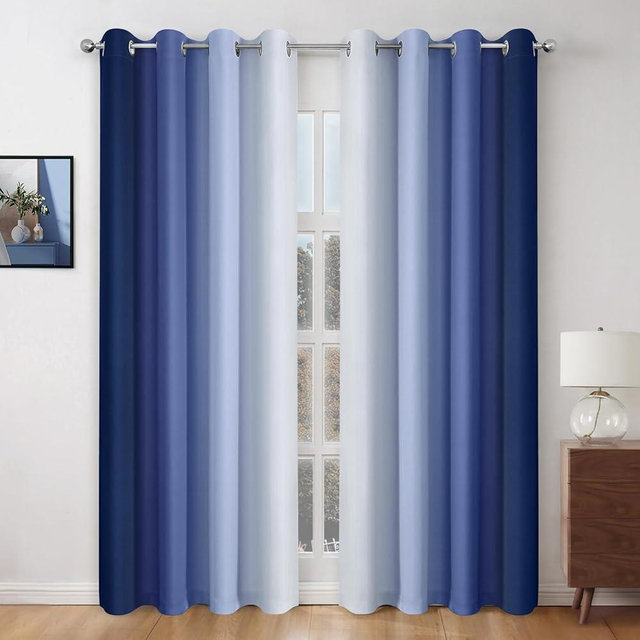 HOMEIDEAS Navy Blue Ombre Blackout Curtains, 52 X 84 Inch Length Gradient Color Room Darkening Curtains with Grommet Thermal Insulated Window Drapes for Living Room, Bedroom, 2 Panels