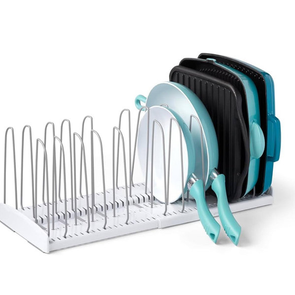 YouCopia StoreMore Expandable Cookware Rack with Tall Steel Wires, 12.5"-22" Wide Adjustable Pan Organizer for Kitchen Cabinet Storage, Classic Edition