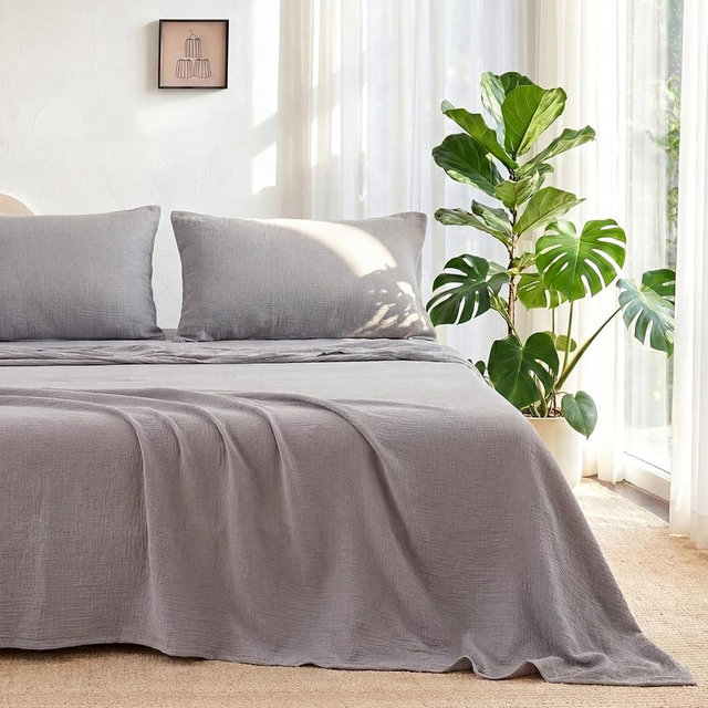 LUTBM King Sheet Set 100% Cotton Bed Sheets Gauze 4 Pcs Grey King Muslin Sheets Set 16" Deep Pocket Sheet & Pillowcase Sets Breathable Boho Soft Bedding Sets for All Season