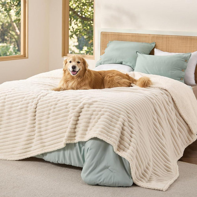 Bedsure ComfyFleece™ Waterproof Blanket for Bed - Soft Plush Dog Blankets for Large Dogs Corduroy Fleece Washable, Cozy Calming Reversible Furniture Protection for Pet Cat,86"x108", King, Cream