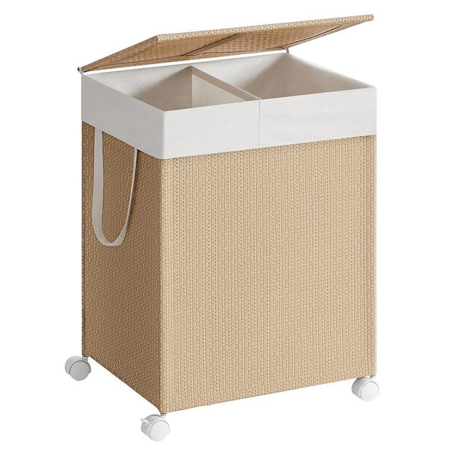 SONGMICS HOME Laundry Hamper with 2 Section, 100 L Large Rolling Laundry Basket with Wheels, Rattan Clothes Hamper with Lid, Removable Liner with Handles, Natural Beige and Matte White ULCB601N01