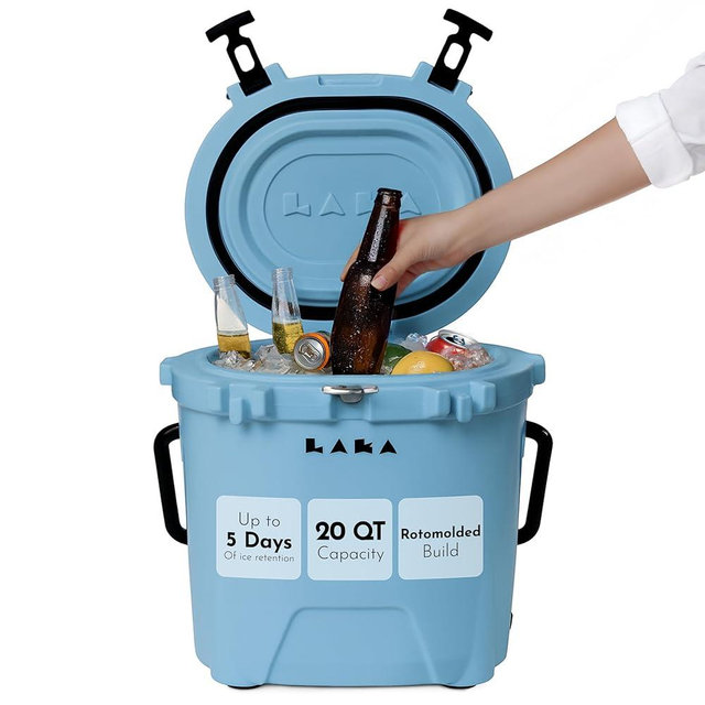 LAKA Small Cooler - 20 Quart Rotomolded Hard Ice Chest, Insulated Cooler for Beach, Camping, Travel & Fishing, Holds 18 Cans + 25 lb Ice, Up to 5 Days Cold, Drain Plug, Cup Holders, Bottle Opener