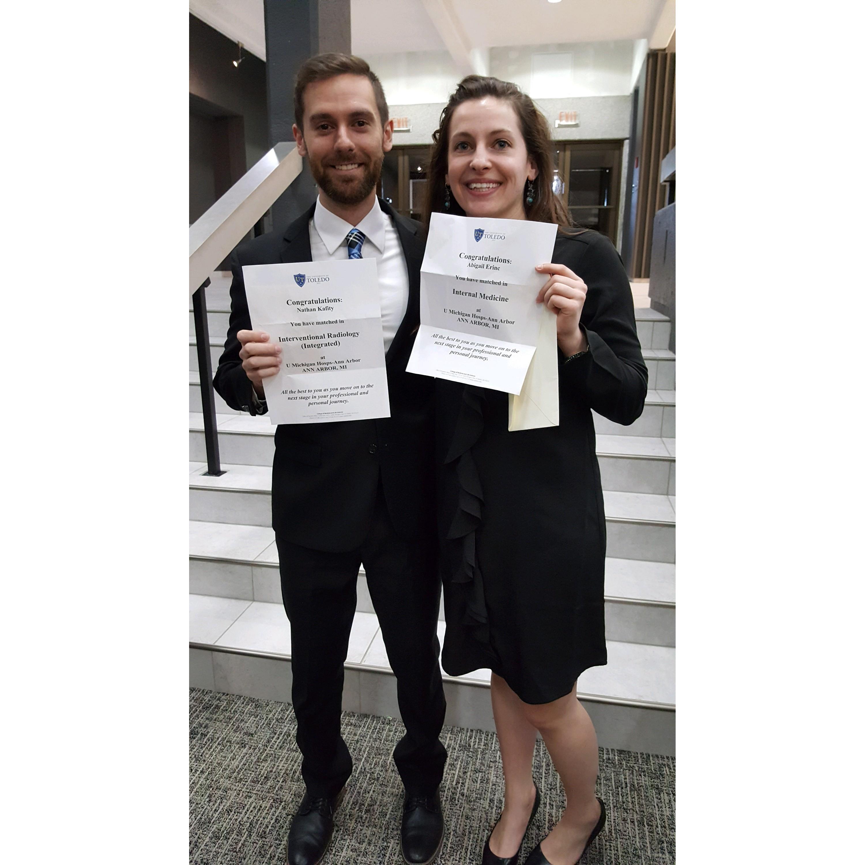 Year 2 - Match Day! We both matched at University of Michigan!! Nathan in Interventional Radiology and Abby in Internal Medicine.
