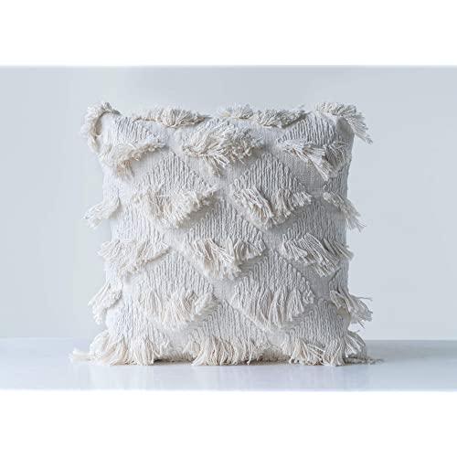 Creative Co-op Embroidered White Square Cotton Eyelash Fringe Pillow