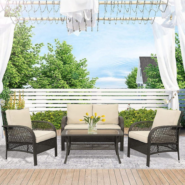 Wisteria Lane Patio Conversation Sets, Outdoor Wicker Furniture Set, 4 Pieces All Weather Contemporary Grey Rattan Sofa with Coffee Table and Thick Beige Cushions