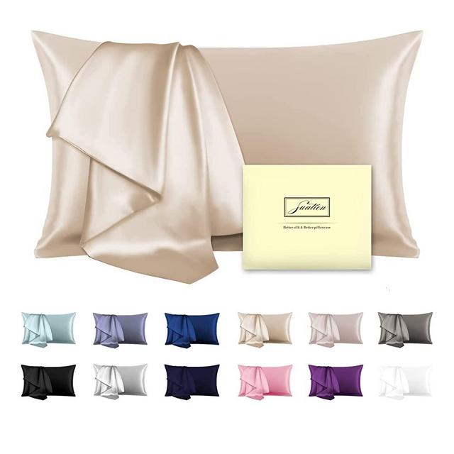 Natural Mulberry Silk Pillowcase for Hair and Skin Queen Size 20"X30" Champagne Pillow Case with Hidden Zipper Soft Breathable Smooth Cooling Silk Pillow Covers for Sleeping(Champagne,Queen,1Pcs)