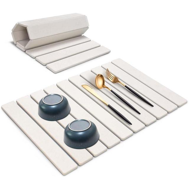 Large Stone Dish Drying Mats for Kitchen Counter, 24"(L)×16"(W), Fast Drying Collapsible Dish Drying Mat, Eco-Friendly Absorbent Diatomaceous Earth Mats for Dishes Bottles, Match Any Countertop