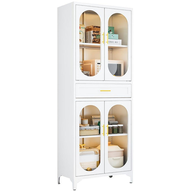 ZLBRDS 75” Tall Kitchen Pantry Storage Cabinet, Metal Storage Cabinet with 1 Drawer and Adjustable Shelves, Kitchen Pantry Cupboard, Freestanding Cupboard for Bathroom (White-4 Doors and 1 Drawer)