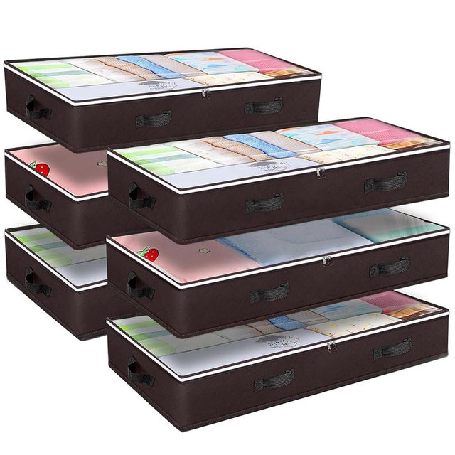 Budding Joy 6 Pack 90L Under bed Storage Containers Organizer Large Capacity Underbed Clothes Storage Bins Organization and Storage Bedroom Foldable Storage Bags with Clear Window Brown