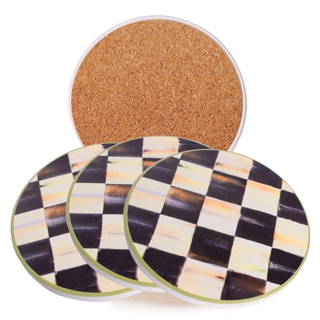 Round Balck and White Chekered Drink Coasters, Ceramic Coasters Set of 4, Absorbent Coasters with Anti Slip Cork Back, Black and White Plaid Racing Cup Coasters, Chessboard Coffee Table Coasters