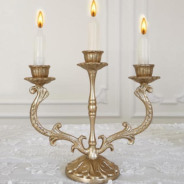 Vintage Candelabra Candle Holders - 3 Arm Candelabras - Brass Color Candlestick, Home Décor (3 Cups Candle Holder)