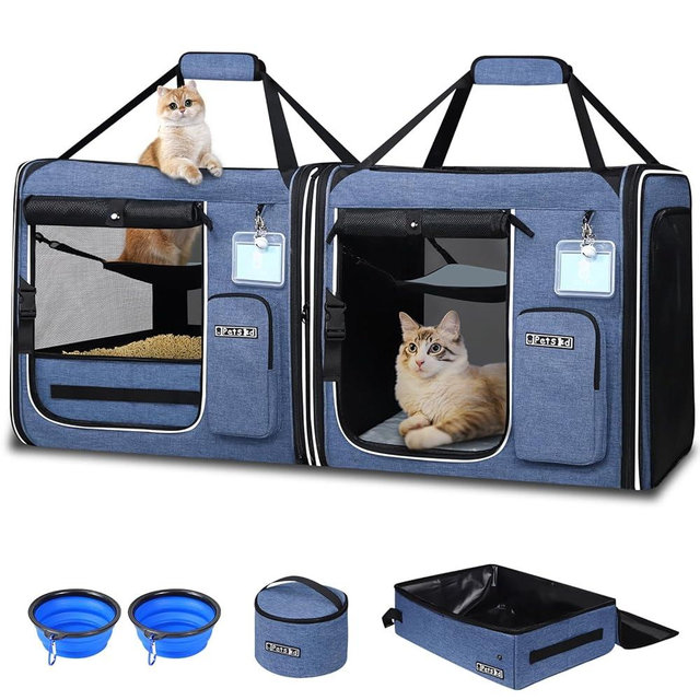 Petskd 2 in 1 Double Cat Car Travel Carrier with Litter Box, 38"x17"x18" Portable Dual Extra Large Cat Carrier for Multiple Cats with Zipper Locks for Moving Across The Country