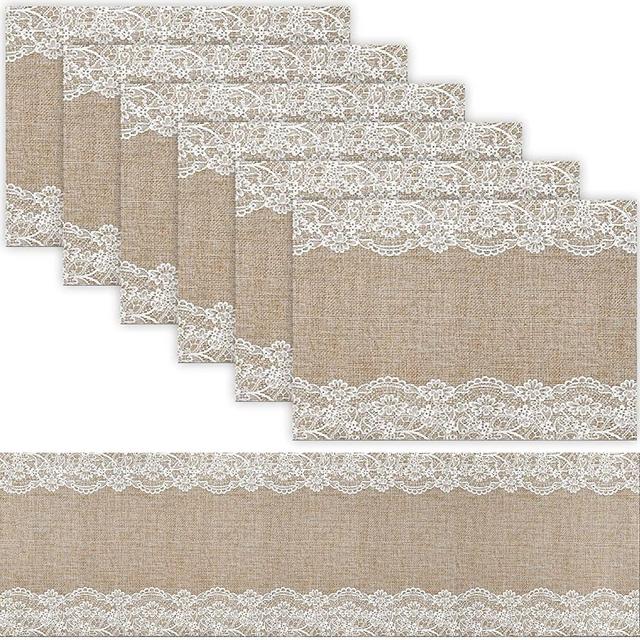 Trivetrunner: Decorative Modular Trivet Runner with 6 pcs Placemats Set Hot Pad, Heat-Resistant Surface,for Hot Plates, Pots, Dishes (Jute & Lace Set 1 Table Runner + 6 placemats)