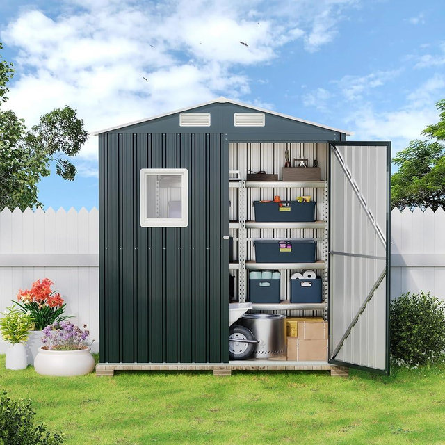 MistMo 6X4X6.5 FT Compact Vertical Outdoor Steel Storage Shed with Lockable Doors, Ideal for Garden, Backyard, and Patio Utility and Small Tool Storage,Bike Shed, Garbage Can, Chicken Coop