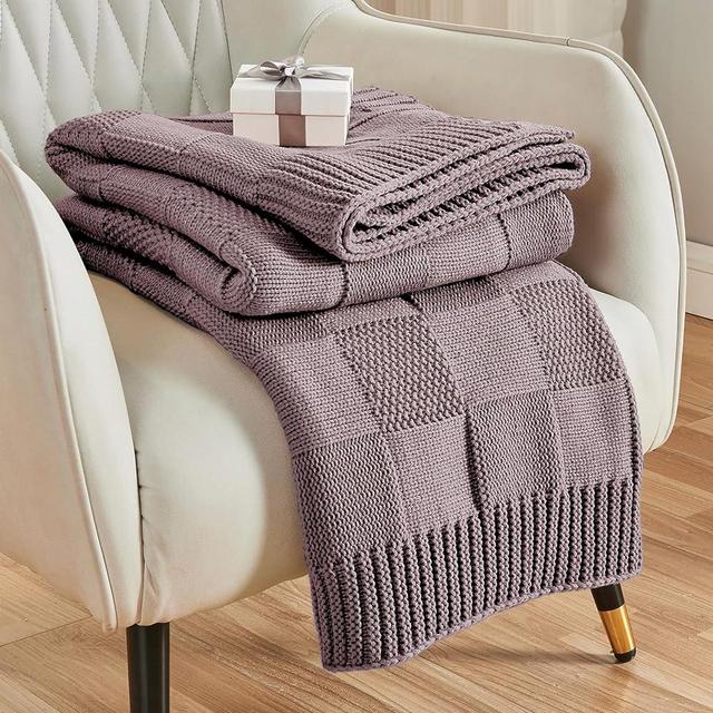 CozeCube Knit Throw Blanket,Purple Checkered Throw Blanket for Couch,Soft Cozy Warm Knitted Throw Blanket for Bed Sofa Living Room,Decorative Fall Throw Blanket 60"X80",Fig Purple