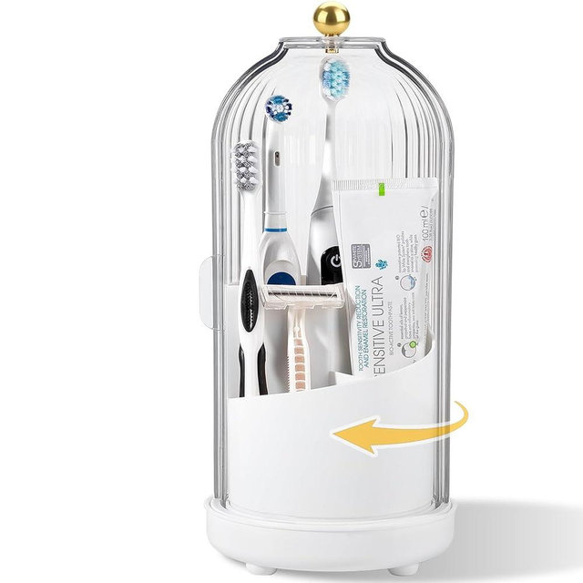 Rotating Toothbrush Holders with Cover, Dustproof Toothbrush Holder with Sliding Lid Electric Tooth Brush and Toothpaste Organizer for Bathroom, Makeup Brush Holder for Vanity, White