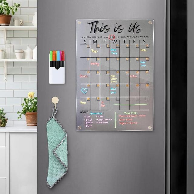 Magnetic Acrylic Calendar for Fridge with 3D Lettering "This is Us" Includes Clear Magnetic Fridge Calendar with 6 Wet Erase Markers, Magnetic Pen Holder & Towel, Magnetic Calendar for Refrigerator
