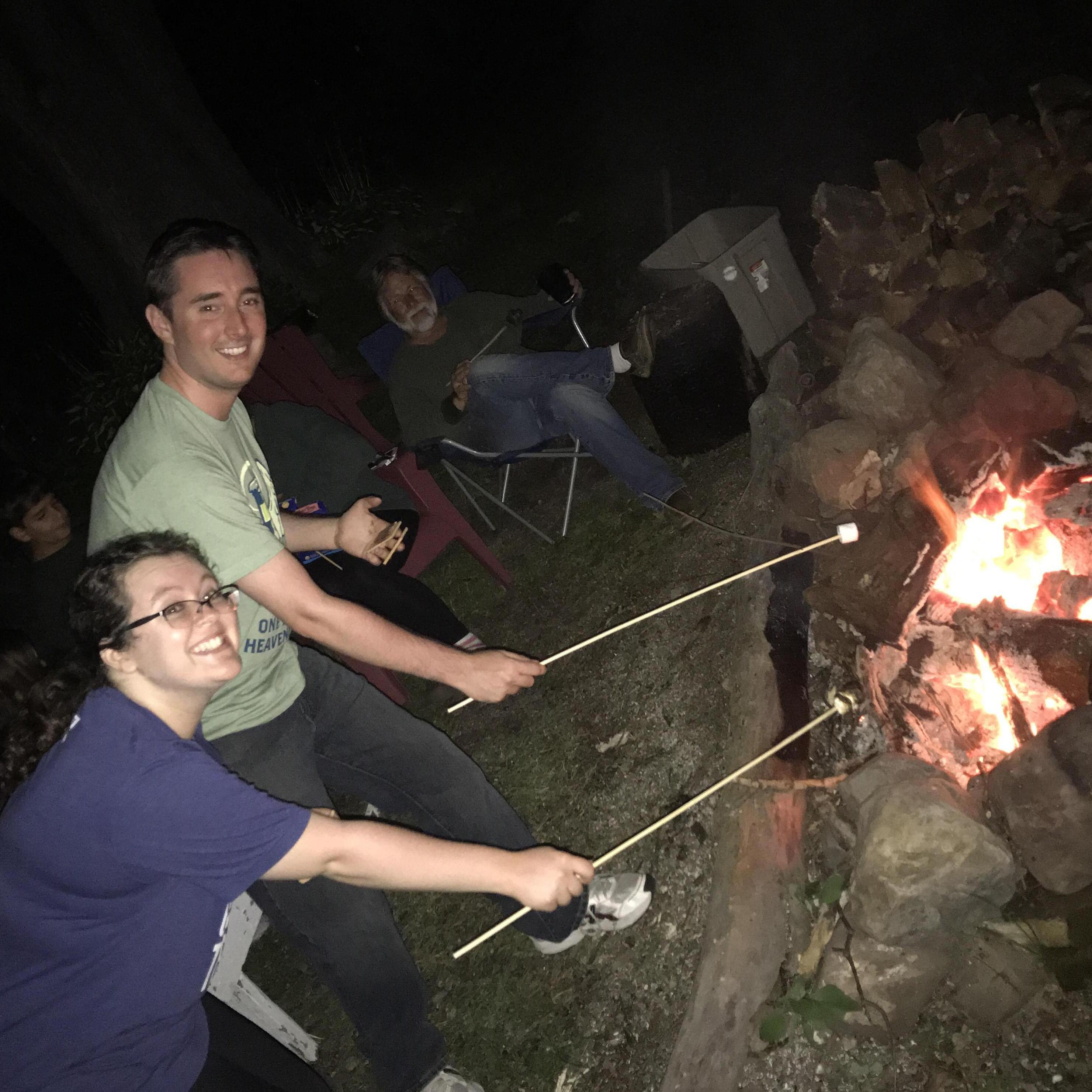 Enjoying the campfire at the Lake House, July 2017.