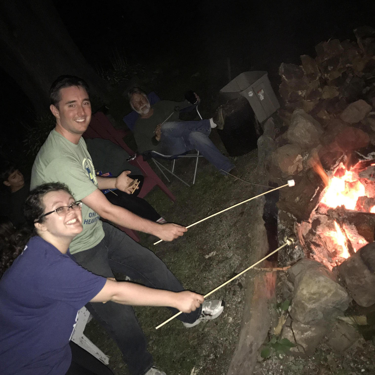 Enjoying the campfire at the Lake House, July 2017.