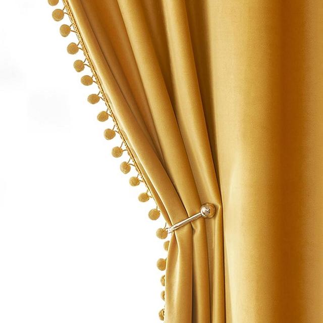 MIULEE Mustard Yellow Pom Pom Velvet Curtains for Fall Bedroom/Living Room Darkening Thermal Insulating 96 Inches Long Blackout Curtains with Rod Pocket for Kid Room/Nursery/Home Theater Set of 2