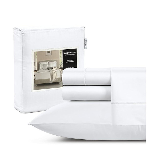 100% Cotton Luxury Sheets - Full Size Bed Set, Breathable & Cooling, Deep Pocket Sheets & Pillowcases, 1000 Thread Count, White