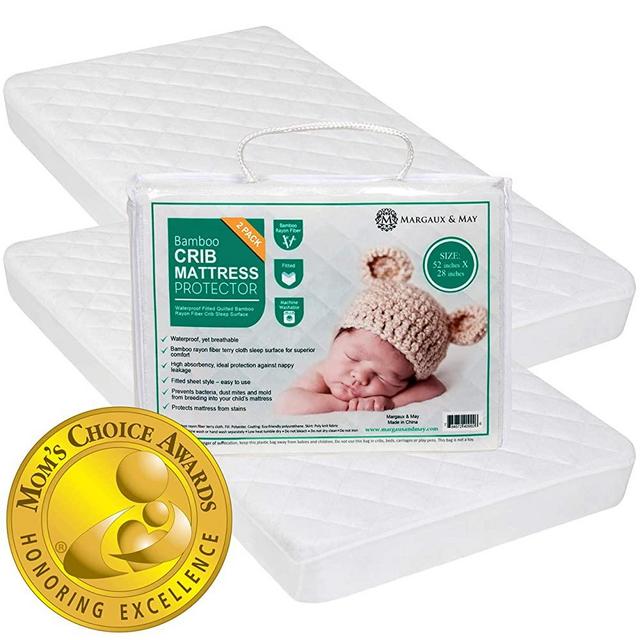 Crib Mattress Protector Pad 2 Pack (Mom Choice Award Winner) Waterproof, 4 Layered, Noiseless, Dryer Friendly Deluxe Ultra Soft Bamboo Rayon, Fitted in White - 52 x 28 x 9 inches