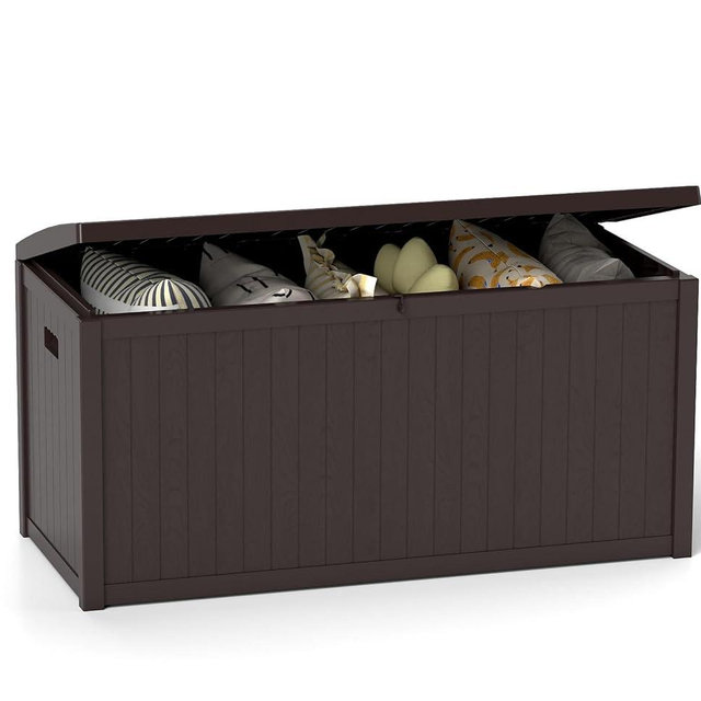 ZYJOYY Outdoor Storage Box, 113 Gallon Deck Box Indoor and Outdoor Use, Waterproof Resin Storage Bin for Patio Cushions, Gardening Tools, Lockable, UV Resistant, Brown