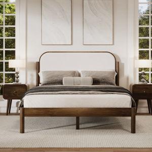 Ardin Solid Wood Bed Frame With Cream Boucle Upholstered Headboard - Walnut, Queen