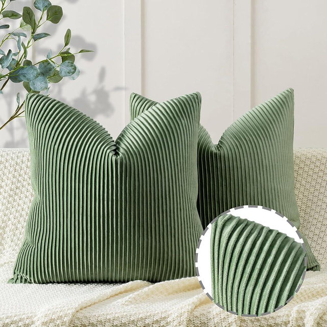 YCOLL Sage Green Spring Pillow Covers 18x18 Set of 2 Velvet Striped Pattern - Soft Throw Pillows for Home Decor, Luxury Decorative Pillow Covers for Couch, Bed,Living Room