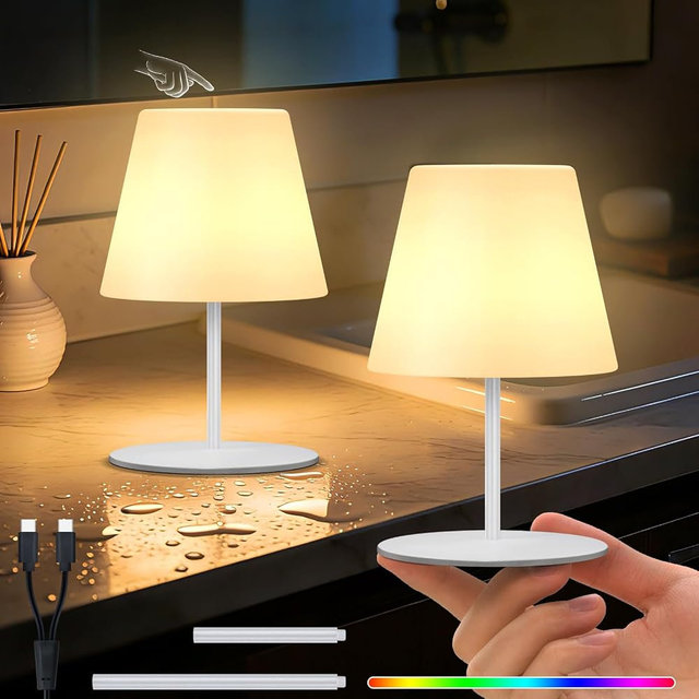 uuffoo 2 Pcs Mini Shower Lamp Rechargeable Table Lamp, Cordless Desk Lamps Bathroom Lamp Touch Warm White and RGB IP44 USB-C Cable, Easily Portable for Bedroom Bathroom Balcony Patio（White）