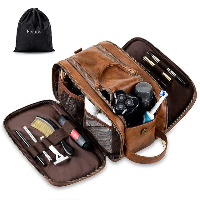 Elviros Toiletry Bag for Men, Large Travel Shaving Dopp Kit Water-resistant Bathroom Toiletries Organizer PU Leather Cosmetic Bags