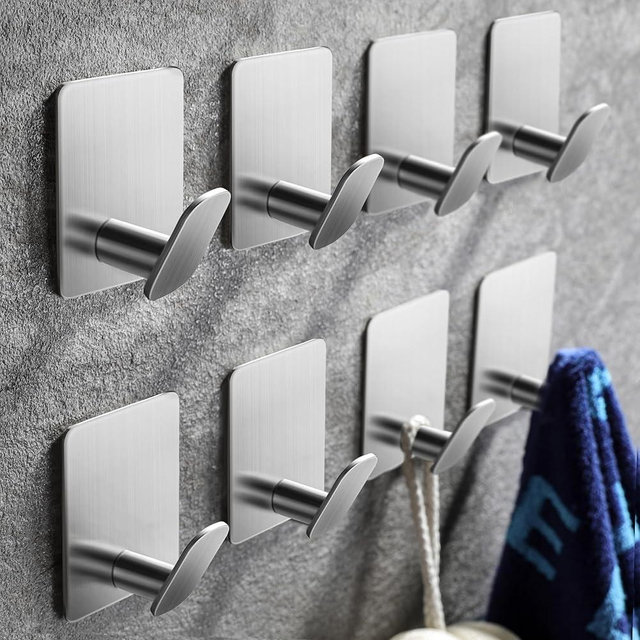 DELITON Towel Hooks for Bathrooms - 8 Pack Adhesive Wall Hooks for Hanging Robe Coat Stick on Hooks No Damage SUS 304 Stainless Steel, Silver