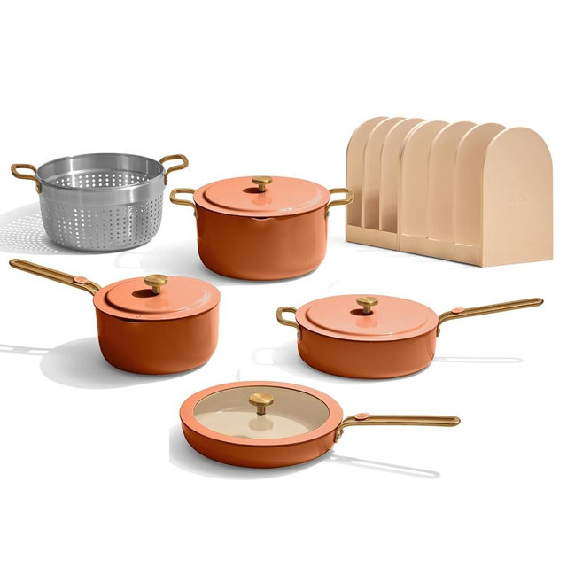 Our Place 11-Piece Essentials Complete Cookware Set - Ceramic Fry Pan, Saucepan, Sauté Pan, Stock Pot, Strainer Basket & Rack Storage | Thermakind™ Nonstick, Oven Safe up to 450°F | Terracotta