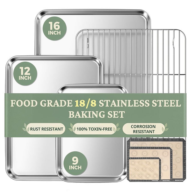 BRONYPRO 18/8 Stainless Steel Baking Sheet Set (3 Pans + 3 Mats+ 1 Rack) | Uncoated Cookie Sheets Non Toxic -PFOA & PTFE Free,Trays with Wire Rack & Macaron Silicone Mats, 9/12/16 Inch