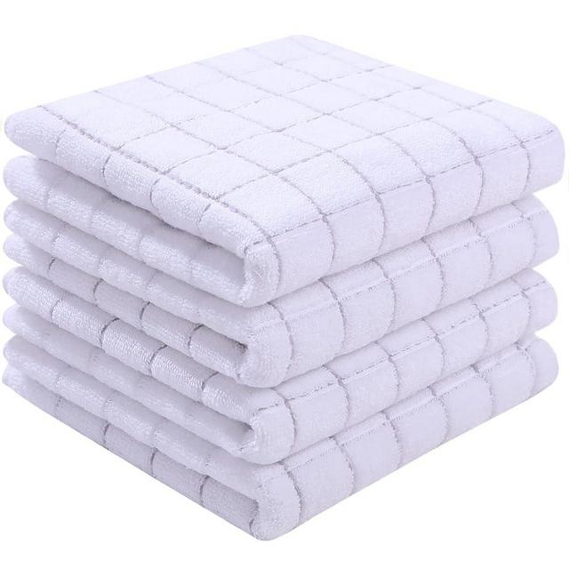 Homaxy 100% Cotton Terry Kitchen Towels(White, 13 x 28 inches), Checkered Designed, Soft and Super Absorbent Dish Towels, 4 Pack