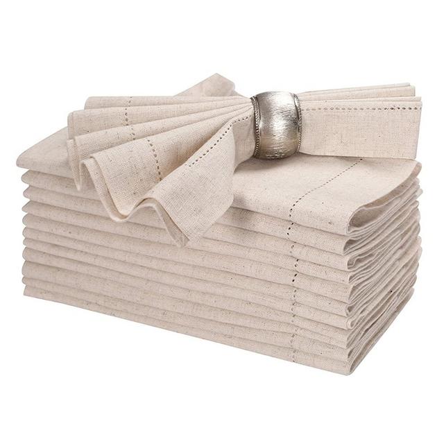Flax Linen Cotton Cloth Dinner Napkin with Hemstitched -20x20" Natural,Wedding Napkins, Cocktails Napkins, Fabric Napkins, Cotton Napkins Mitered Corners , Machine Washable Napkins Set Of 12
