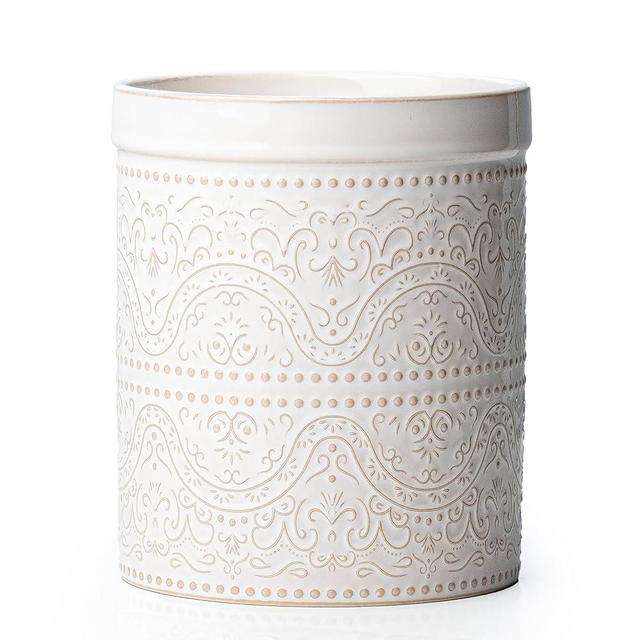 MIKIGEY Kitchen Utensil Holder, 7 Inches Large Ceramic Utensil Holder for Countertop, Lace Emboss Cooking Utensil Crocks for Kitchen, Home Decor, Off-White