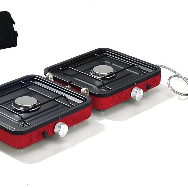 Update Portable 2 Burner Propane Camping Stove with Barbecue Plate - 17200 BTU High Output, Two Adjustable Burners, Easy Carrying Handle & Inlet Gas Pipe (Red)