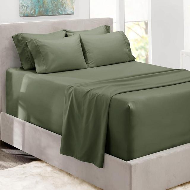 Hearth & Harbor Extra Deep Pocket Queen Sheets Sets - Fits Mattress 18-24 Inches Deep - Extra Deep Pocket Sheets - 6 Piece Queen Size Sheets - Olive Green