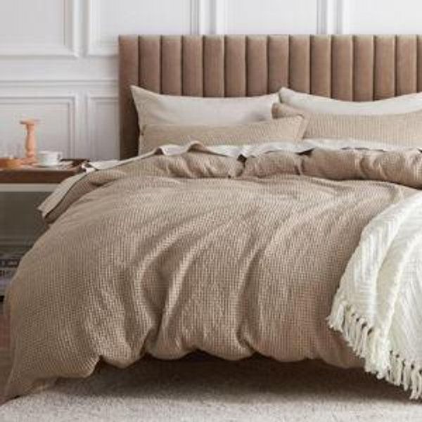 Queen Size Duvet Cover (Warm Sand) Bedsure Cotton - 100% Cotton Waffle Weave Warm Duvet Cover GentleSoft™ and Breathable Bedding Set for All Season, 3 Pieces, 90"x90"