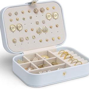 D.Blue VLANDO Travel Jewelry Case, PU Leather Travel Jewelry Box with Earring Holder, Portable Display Mini Jewelry Case for Mothers Day Women Girls Gift - Blue