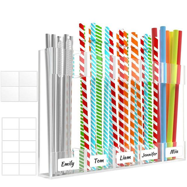 Rycid 9.8” Large Acrylic Straw Holder for Cabinet with Double Sided Adhesive Squares and Stickers, 2025 Reusable Straws Organizer Storage Dispenser for Kitchen Counter Cupboard Door(Transparent)