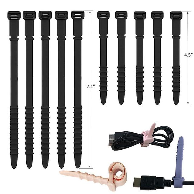 Silicone Zip Ties, Reusable Zip Ties, Rubber Cable Ties Straps for Wire Management, Elastic Silicone Ties Cable Organizer for Home Office, Black Cord Ties in Two Sizes 4.5" and 7.1" (5+5 Pcs Black)