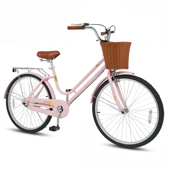 Gymax 26-Inch Beach Cruiser Bike w/Adjustable Seat Woven Basket & Rear Rack Pink