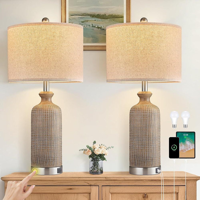 Ireliare Living Room Lamps Set of 2, 27" Touch Lamps for Nightstand with USB A+C Ports, Modern Farmhouse Table Lamps for Bedroom, Wood Grain, Ceramic