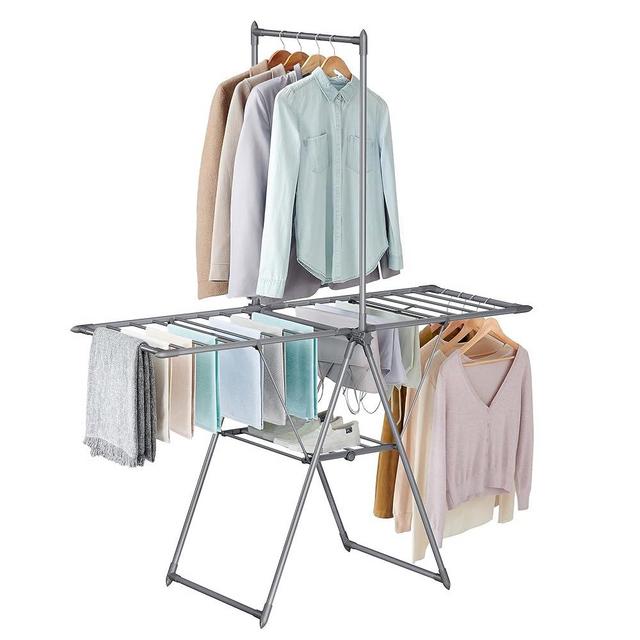 SONGMICS Clothes Drying Rack, Foldable 2-Level Laundry Drying Rack, Free-Standing Airer, 1 Additional Tall Hanging Bar, 2 Height-Adjustable Wings, 24 Drying Rails, Space Savng, Gray ULLR521G01