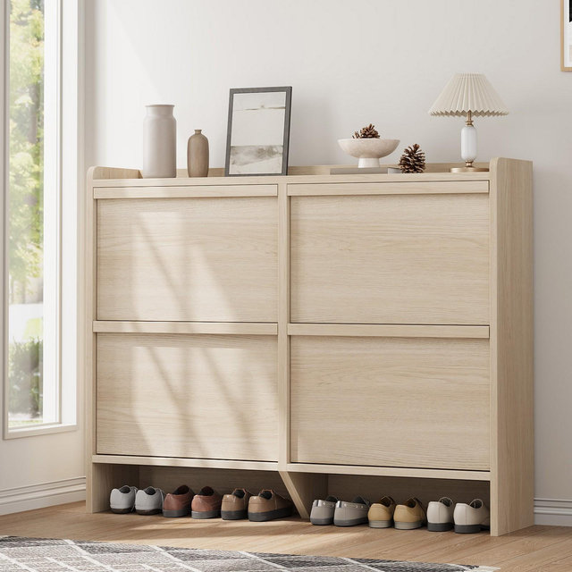 Shoe Cabinet with 4 Flip Drawers, Wooden Shoe Organizer Cabinet with Adjustable Shelf, Shoe Storage for Entryway, Hallway, Living Room, Natural Oak