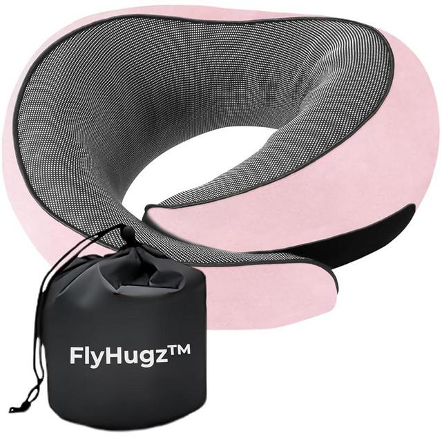 FlyHugz® Neck Travel Pillow | Memory Foam Neck Pillow for Comfort on Airplane | Compact and Ergonomic Design for Travel, Car Rides, and Home Use | Ideal for Adults and Kids (Pink)